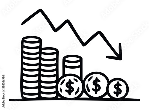 Declining financial graph with coins and downward arrow indicating economic downturn and investment loss for business and finance concepts.