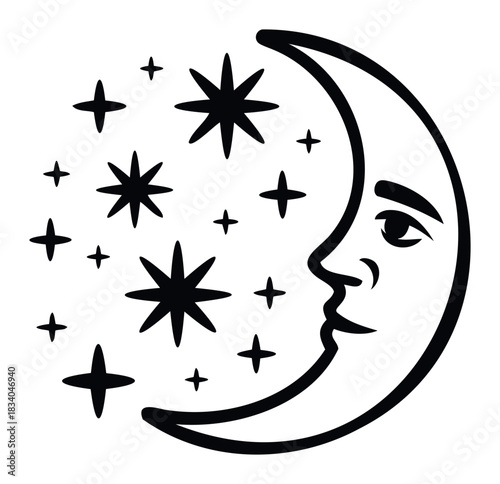 Celestial crescent moon with a human face looking sideways surrounded by sparkling stars and celestial bodies, perfect for cosmic themes and magical night sky visuals