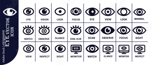 Eye vector icon set for vision, look, focus, watch, observe, glance, scan, inspect, sight, monitor