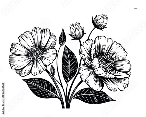 Elegant black and white floral composition featuring detailed blooming flowers and leaves, perfect for invitations, stationery, or elegant branding projects.