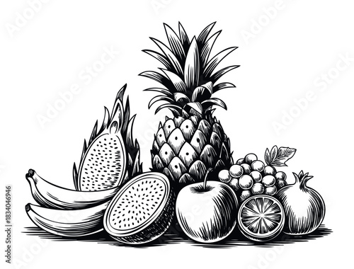 Classic still life arrangement of various fresh fruits including bananas, dragon fruit, pineapple, grapes, apple, orange, and pomegranate, perfect for food and health related promotions.