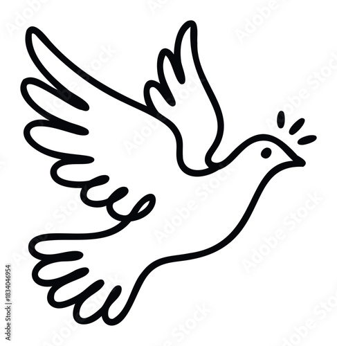 Outline drawing of a dove with a crown symbol flying on a white background representing peace and freedom, perfect for religious or symbolic concepts and design projects