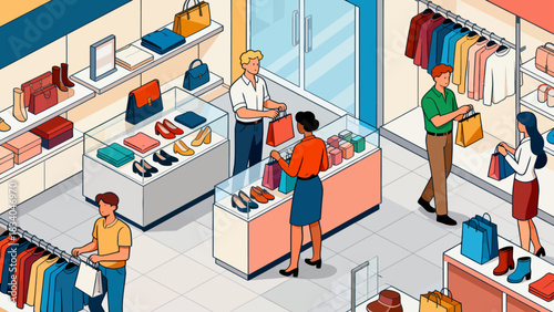 This isometric illustration depicts a busy shopping mall scene: customers browse fashion stores (displaying clothes, bags, shoes), capturing a lively, colorful retail environment.