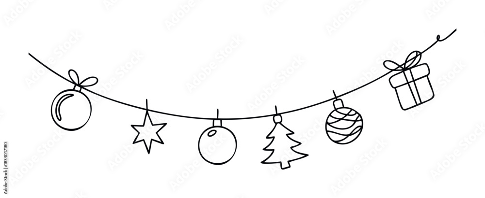 Naklejka premium Delightful hand drawn Christmas garland with baubles, star, tree, and gift box suspended on a string, perfect for festive season decoration and greeting projects