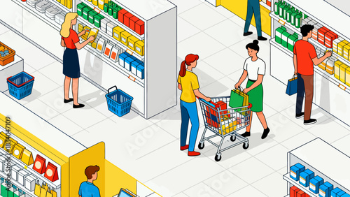 This isometric illustration depicts a busy shopping mall scene: customers browse fashion stores (displaying clothes, bags, shoes), capturing a lively, colorful retail environment.