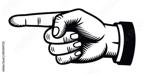 Graphic hand pointing finger in direction to highlight choice or communicate a command, useful for presentations and pointing out information