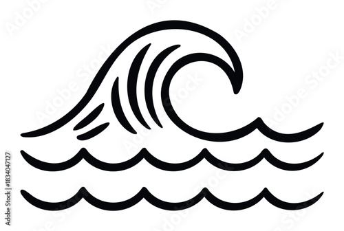 Bold black line drawing of a cresting ocean wave and smaller waves below, perfect for representing water, surfing, or nature themes in graphic projects.