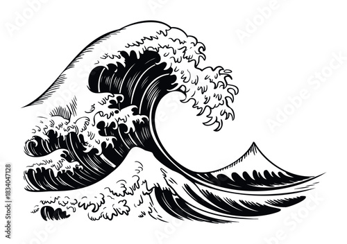 Bold ink drawing of a powerful crashing ocean wave with foam and spray, evoking motion and strength, perfect for print and web use in themes of nature and adventure.