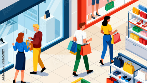 This isometric illustration depicts a busy shopping mall scene: customers browse fashion stores (displaying clothes, bags, shoes), capturing a lively, colorful retail environment.