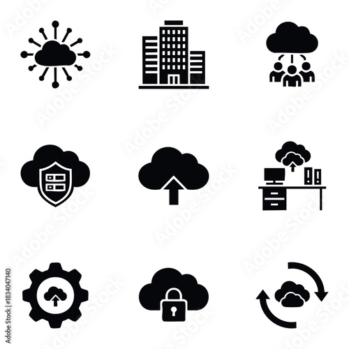 Collection of diverse cloud technology icons for data management, security, and networking applications in business and IT services presented in a modern graphic style