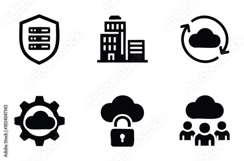 Collection of technology and data security icons representing cloud services, data protection, and business operations for digital solutions.