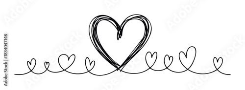 Continuous line drawing of interconnected hearts creating a playful and loving composition for romantic themes, Valentines Day, or expressions of affection in marketing materials.