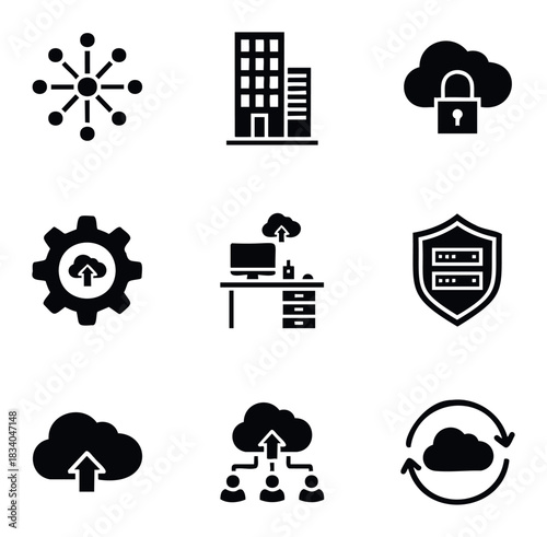 Collection of cloud computing icons representing data security, office infrastructure, data transfer, and synchronization for technology concepts