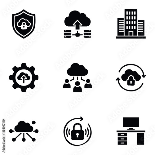 Set of modern cloud computing and security icons including shield protection data upload business building network people gear and office desk workstation for technology concepts