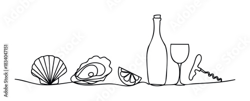 A minimalist single line drawing captures a delightful seafood spread featuring oysters, a seashell, lemon slice, wine bottle, glass, and corkscrew, perfect for culinary promotions and