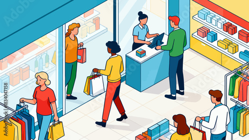 This isometric illustration depicts a busy shopping mall scene: customers browse fashion stores (displaying clothes, bags, shoes), capturing a lively, colorful retail environment.