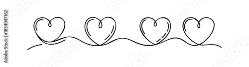 Continuous line drawing of four connected hearts forming a romantic border for Valentines Day invitations or love celebrations.