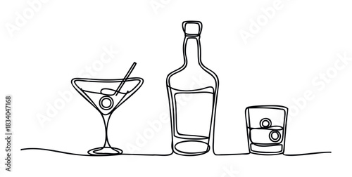Minimalist black line drawing of a martini glass, bottle, and rocks glass on a white background, perfect for beverage promotions and hospitality graphics