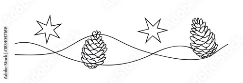 Black line art featuring pinecones and stars connected by a flowing wave for festive holiday or winter themes and seasonal celebration decoration.
