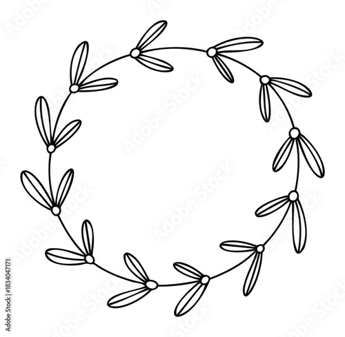 Delicate outline of a circular wreath composed of leaves and small dots, perfect for wedding invitations, spring greetings, and decorative floral branding projects.