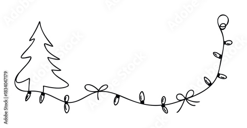 Minimalist continuous line drawing of a festive Christmas tree and glowing string lights with bows, perfect for holiday greeting cards, decorations, and seasonal celebrations.