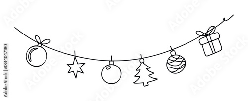 Delightful hand drawn Christmas garland with baubles, star, tree, and gift box suspended on a string, perfect for festive season decoration and greeting projects