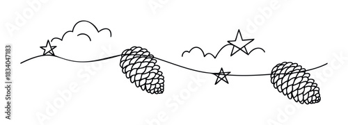 Whimsical outline drawing of pinecones and stars on a swirling line, perfect for holiday and winter themes, providing a playful and natural aesthetic for festive decorations and seasonal