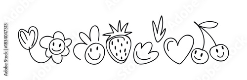 Cute doodle icons including a heart, strawberry, cherries, and smiling flowers for joyful holiday and celebration themes