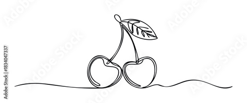 Simple continuous line drawing of two cherries with a single leaf, perfect for food, health, or natural product promotions and graphics.