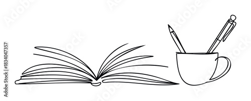 Minimalist black and white line drawing of an open book with a mug holding pens, ideal for educational or studyrelated concepts and projects