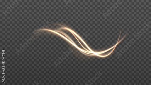 Gold curved luminous ribbon with glitter. A smooth gold spiral with a luminous effect.