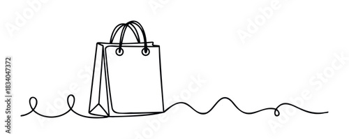 Simple continuous line drawing of a shopping bag with handles and a wavy line extending from it, perfect for ecommerce, retail and sale promotions.