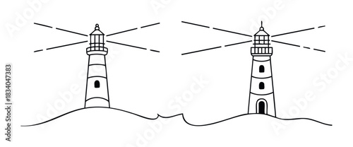 Coastal safety and guidance depicted by two classic black and white outline lighthouses on sandy shores, emitting beams of light, perfect for maritime themes and navigation concepts.