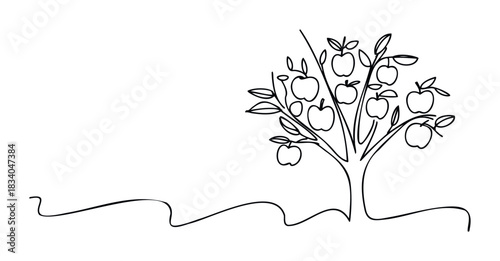Single line drawing of a fruitful apple tree with wavy ground line, perfect for spring or harvest themes and organic product branding.
