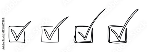 Simple line drawings of four checkmarks within squares, increasing in size and boldness, perfect for representing tasks, progress, or choices in a minimalist style suitable for web or print