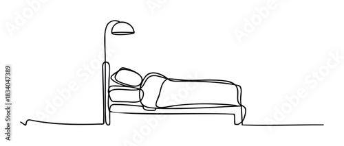 Minimalist line drawing of a person sleeping in a hospital bed with a bedside lamp, perfect for healthcare and medical themes.