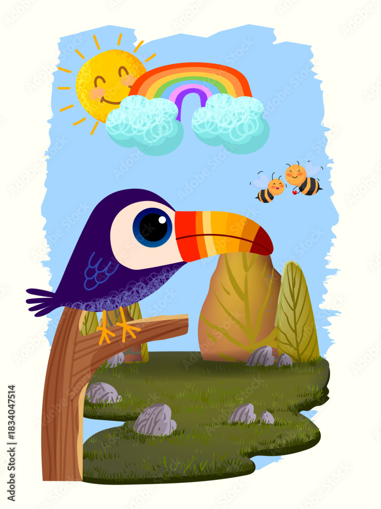 Obraz premium Cute cartoon toucam bird with the rainbow hand drawn childish character vector illustration isolated on white background.