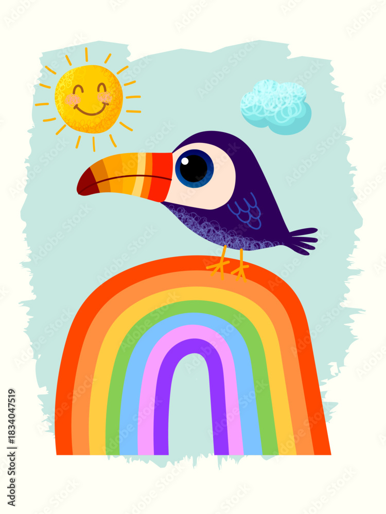 Obraz premium Cute cartoon toucam bird with the rainbow hand drawn childish character vector illustration isolated on white background.