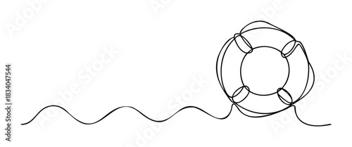 Single line drawing of a lifebuoy floating on wavy water symbolizing safety and rescue for maritime and emergency service applications
