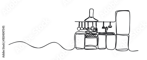 Continuous line drawing of a kitchen setup with stove, sink, and refrigerator, perfect for home decor or cooking related concepts