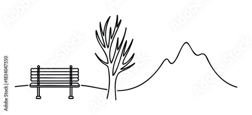 Minimalist outdoor scene with a park bench, lone tree, and distant rolling hills, perfect for nature and relaxation concepts.