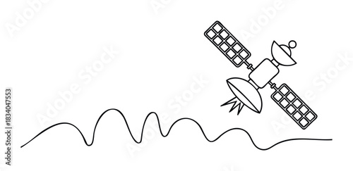 Satellite orbiting Earth with solar panels and antenna transmitting signals over a wavy line representing communication or data flow for space exploration or technology concepts.