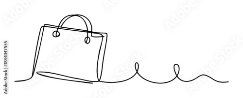 Minimalist line drawing of a shopping bag with a trailing string, symbolizing commerce and purchases, perfect for retail and sale promotions