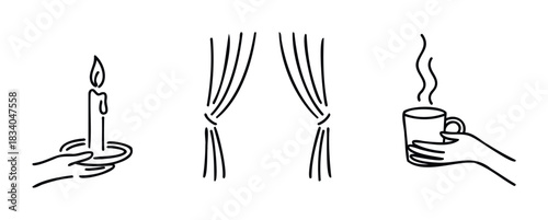 Set of line drawings depicting a hand holding a candle, curtains, and a hand holding a steaming mug, perfect for cozy themes and decorative applications.