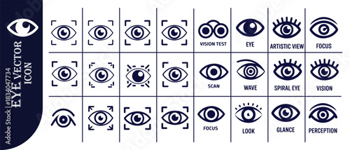 Eye vector icons set with focus frames, vision test, scan, wave, spiral, look, and perception