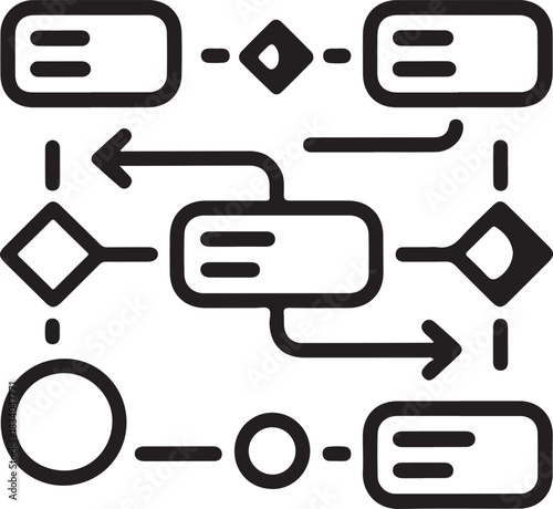 Vector process flow diagram icon illustrating a complex workflow with interconnected shapes and directional arrows for business