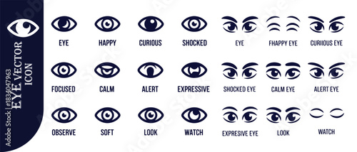 Collection of black eye icons, diverse eye shapes illustrating emotions and actions on white background