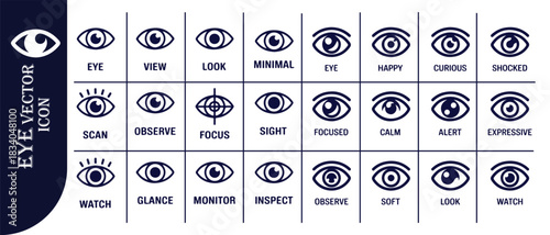 Diverse set of black eye icons, illustrating different states, emotions, and viewing actions