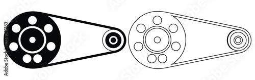 Pulley system engineering design with belt drive diagram,Pulley icons. Flat design style. Graphic design vector symbols. Pulley Icon, the pulley icon is commonly used to represent the function