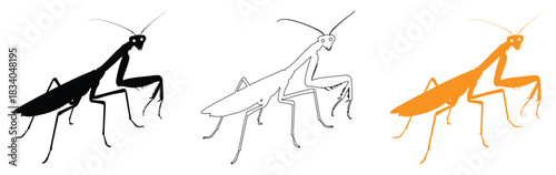 Praying mantis insect graphic in black line and orange,mantis silhouette set collection isolated vintage retro hipster mantis logo vector outline silhouette art icon